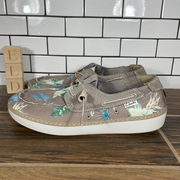 Clarks Higley Tie Mens Size 10 Boat Shoes Sand Floral Canvas Suede Bottle Opener - Picture 1 of 12